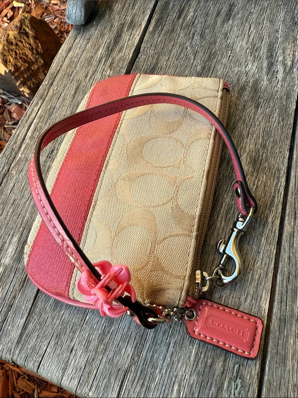 Coach Light Beige Signature C Stripe Wristlet with Pink Trim